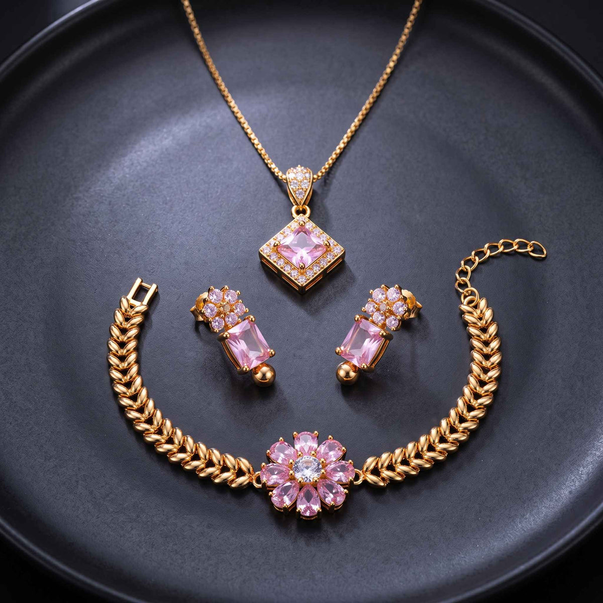 Pink Crystal Gold Plated Jewelry Set | Stylish Pendant & Jewelry Set