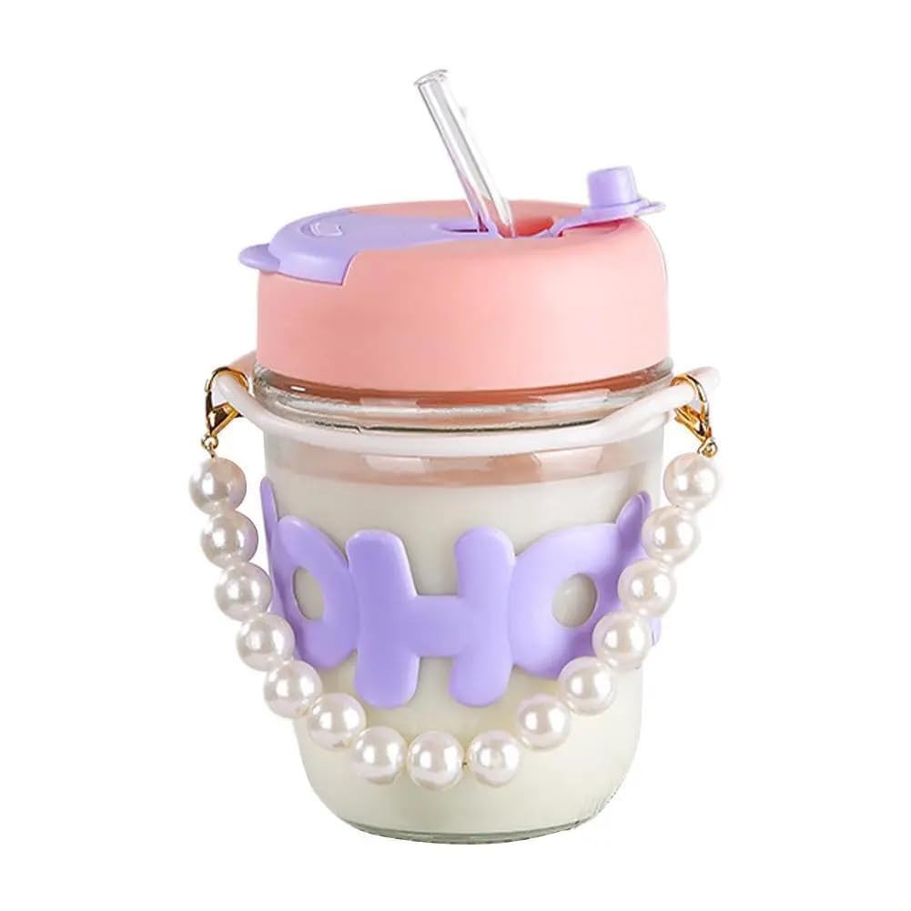 Trendy Pearl Handle Glass Water Bottle with Straw | Random Color