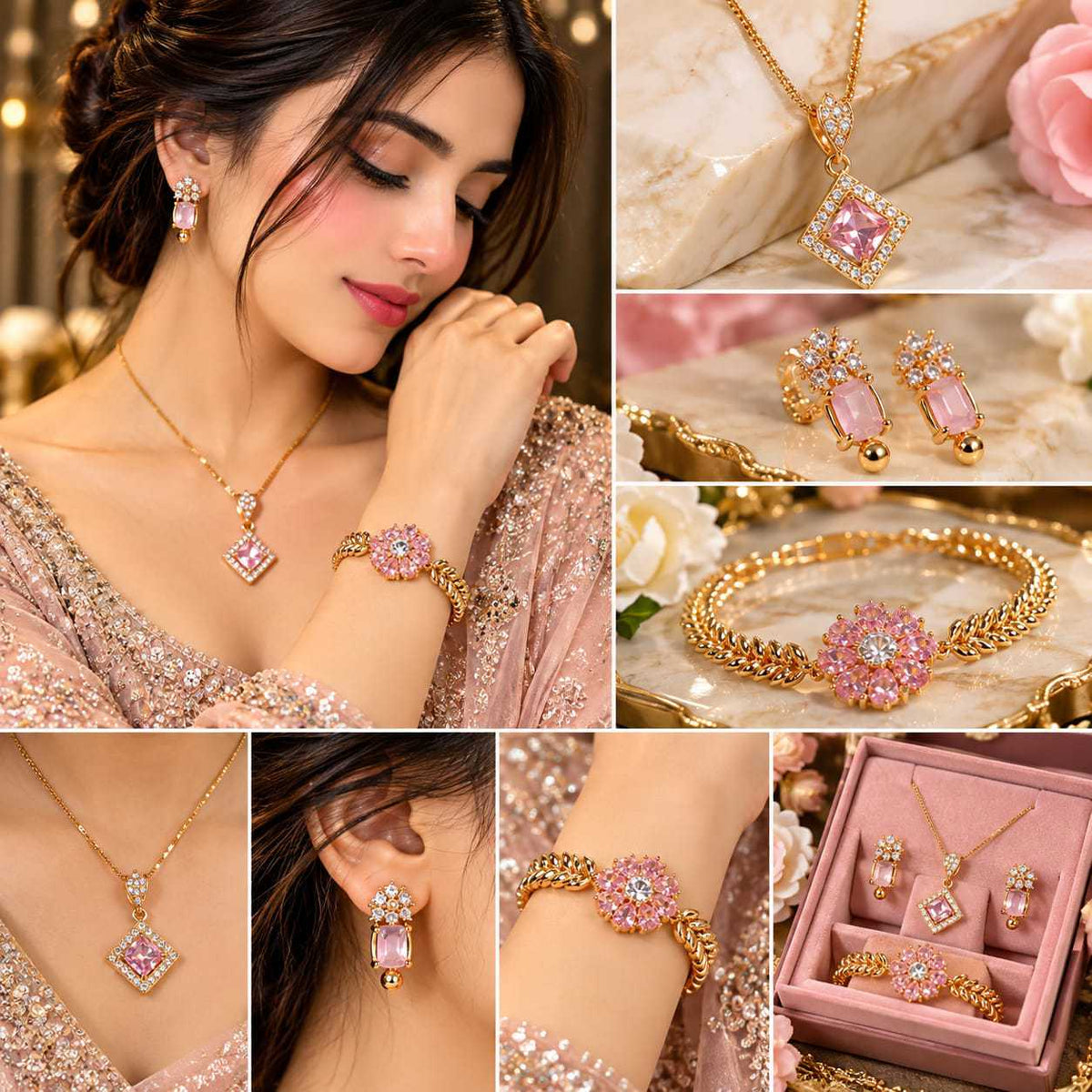 Pink Crystal Gold Plated Jewelry Set | Stylish Pendant & Jewelry Set
