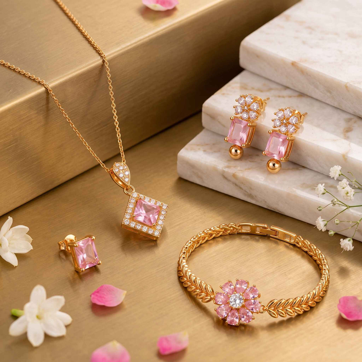 Pink Crystal Gold Plated Jewelry Set | Stylish Pendant & Jewelry Set